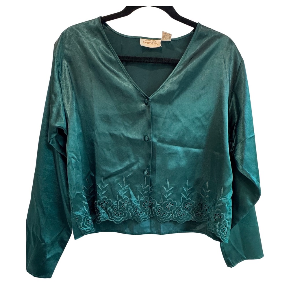 Vintage Victorias Secret Gold Label Emerald Green Satin Pajama Top Small V-Neck